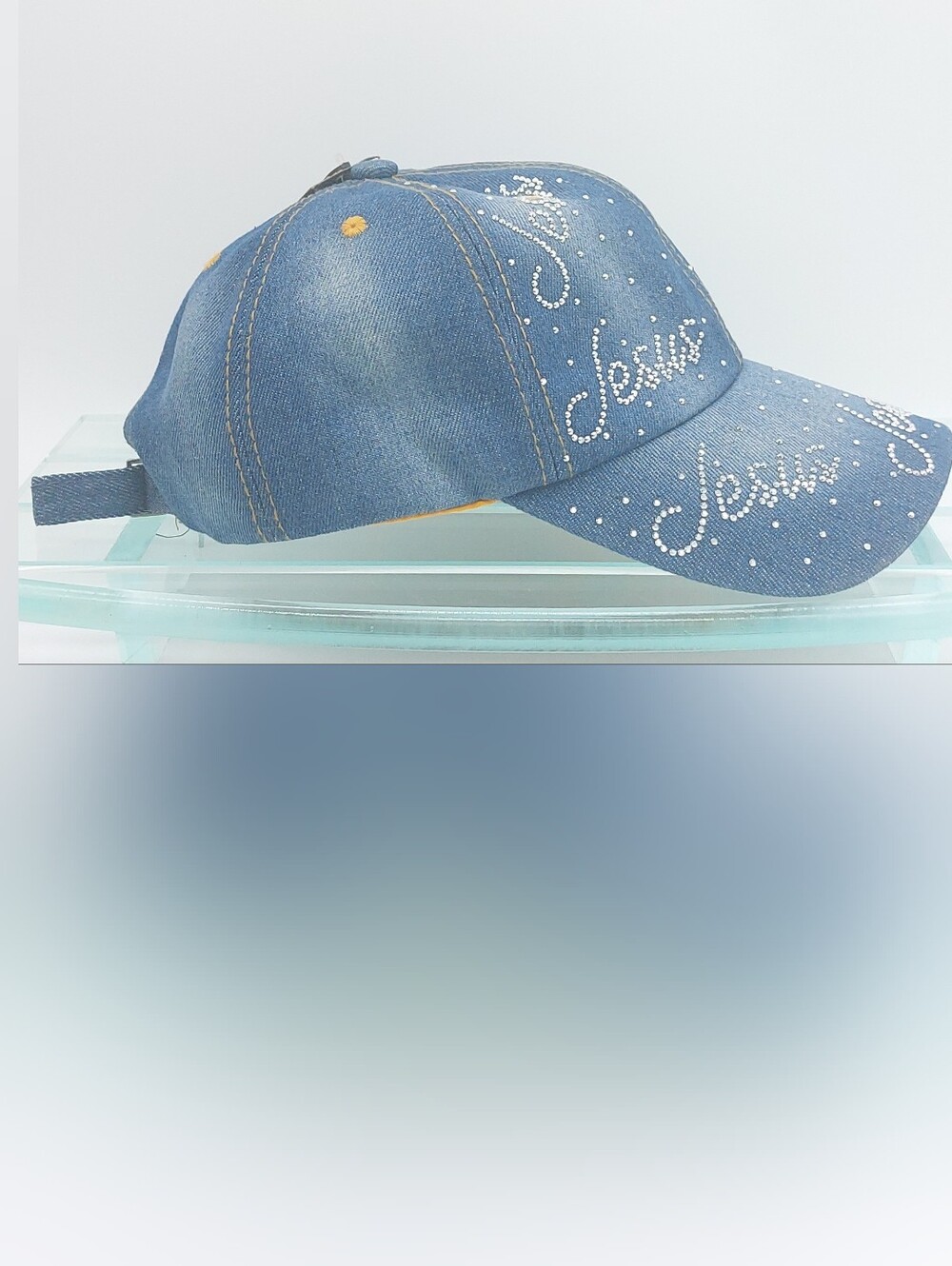 Embellished Denim Cap with 'Jesus' Script